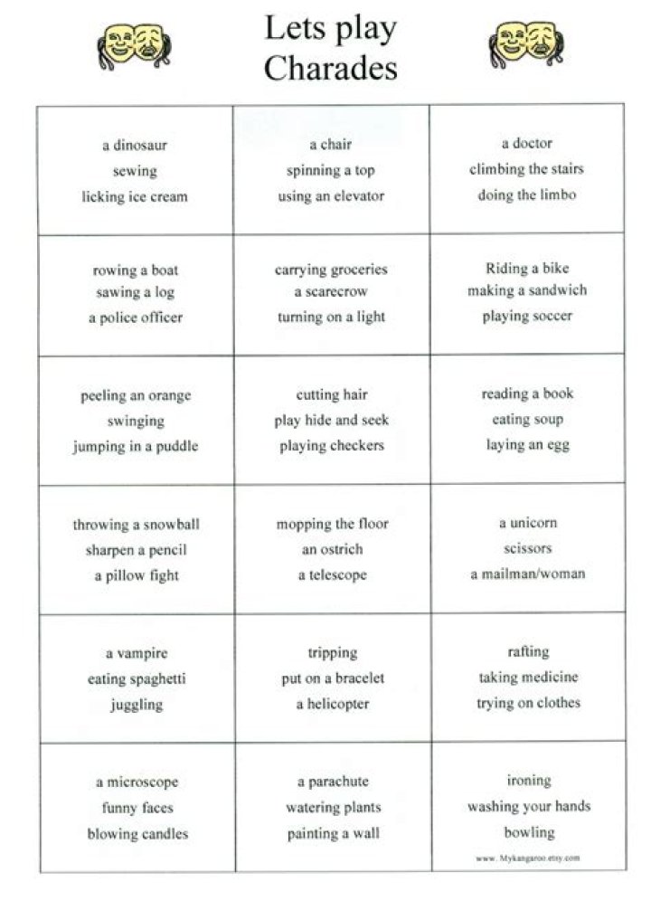 charades categories silly charade ideas Charades words, Charades word