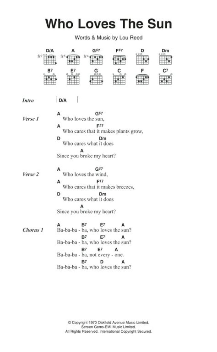 Who Loves The Sun Sheet Music The Velvet Underground Guitar Chords